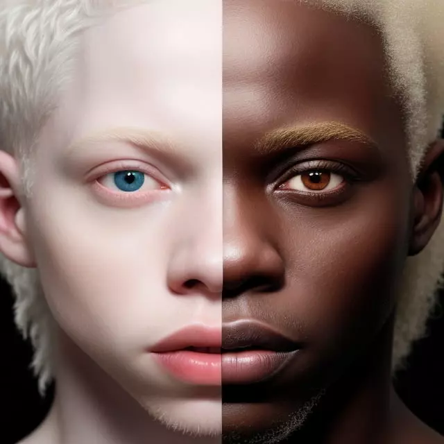 Photograph of an albino man and a black man
